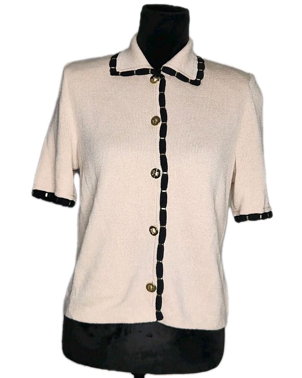 St John Marie Gray Santana Knit Short Sleeve Studded Beige Jacket Buttons 4